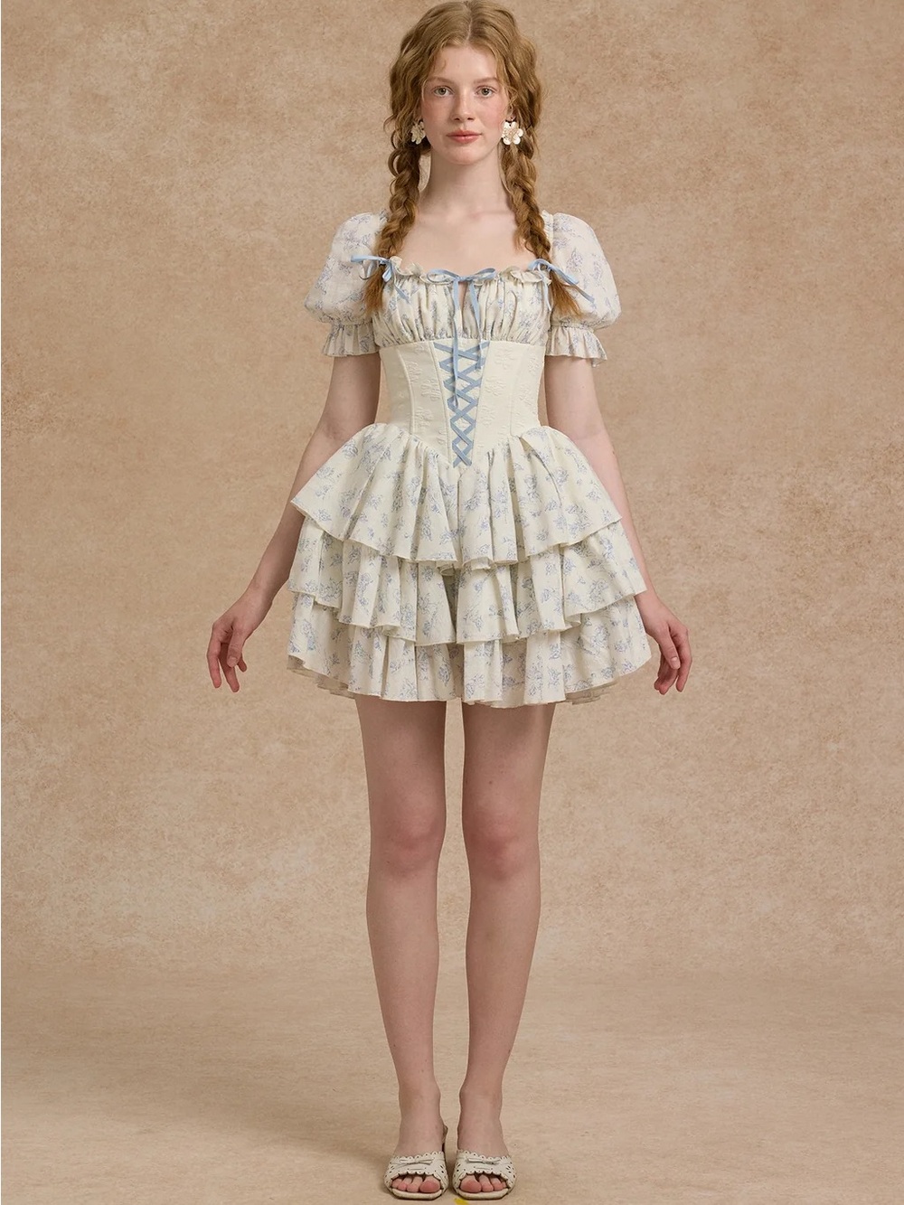 Tiered Ruffle Mini Dress in Cream with Light Blue Accents